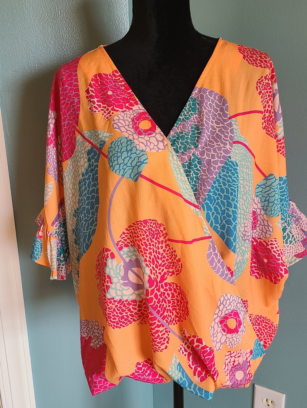 Women’s V-Neck Floral Blouse in Orange and Multi
